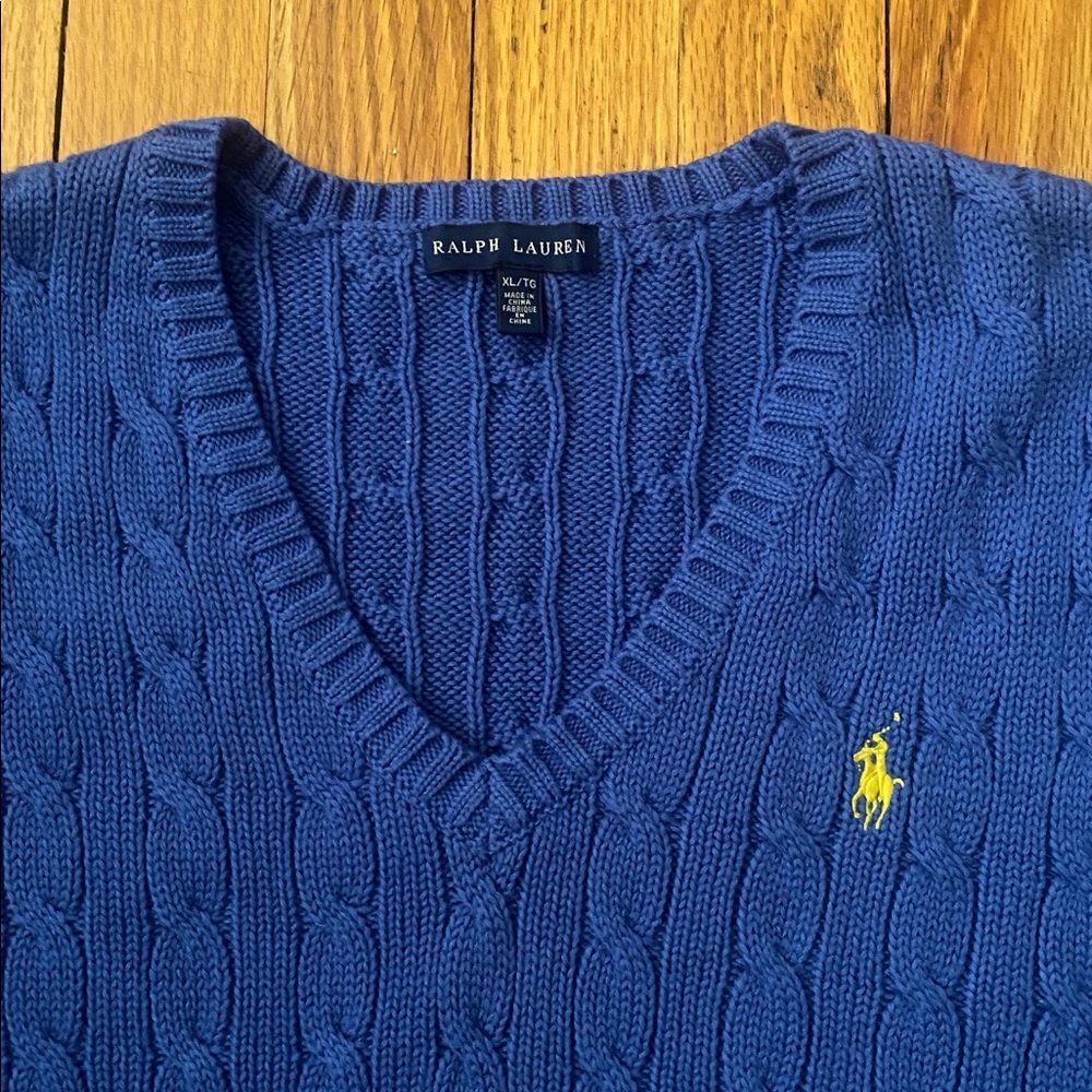 Ralph Lauren Cable Knit V Neck Sweater Size XL 100% Cotton Periwinkle Blue EUC - Picture 4 of 14